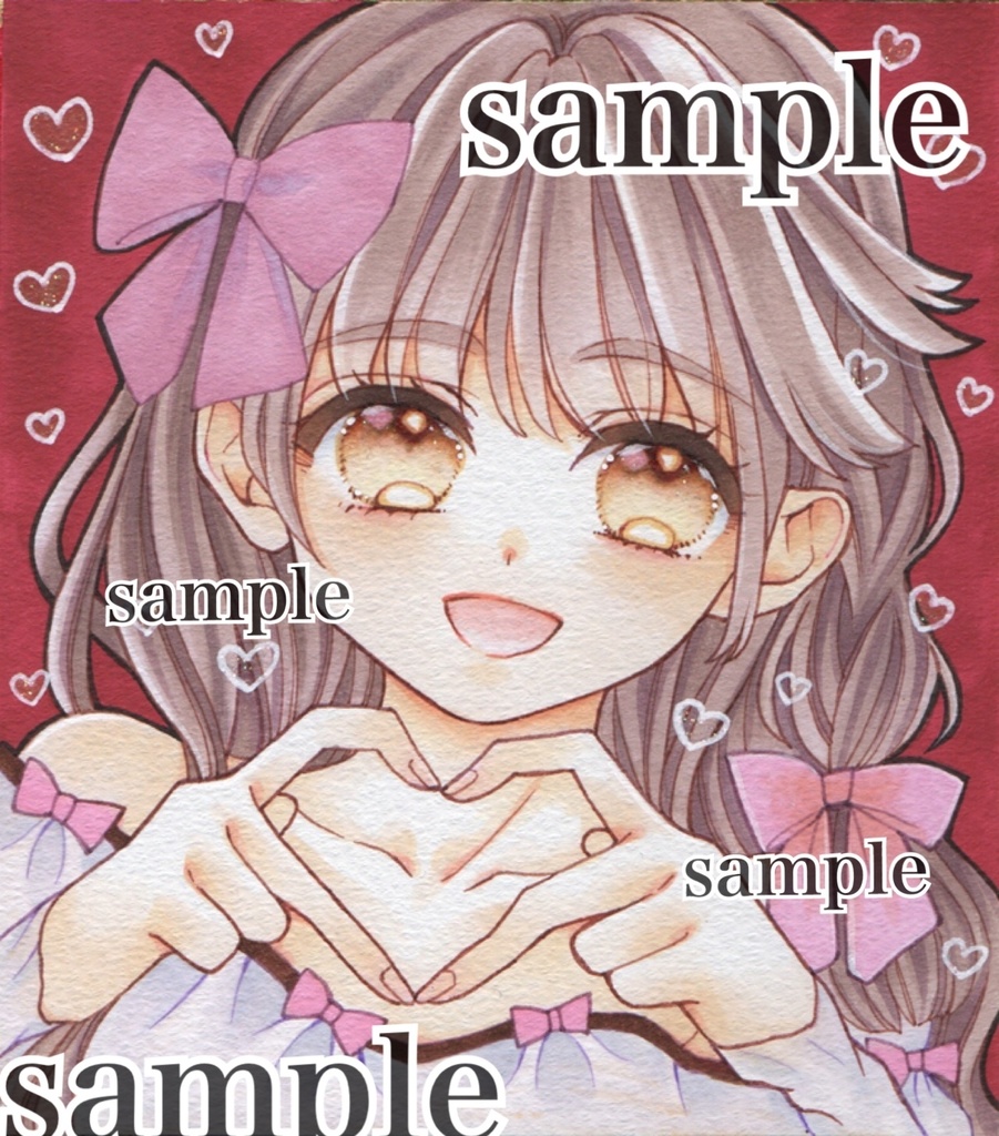 手描きイラスト＊ オリジナル女の子 リボン&ハート＊ミニ色紙 (寸松庵)サイズ