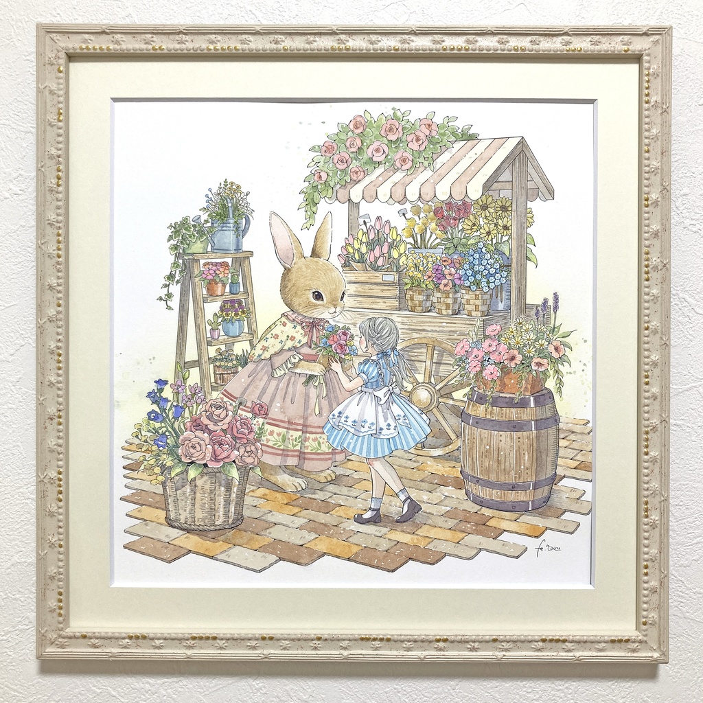 【額装原画】うさぎさんのフラワーカート