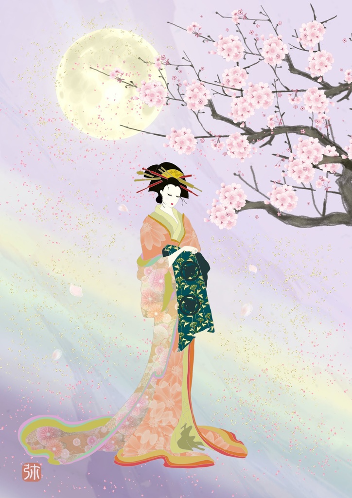 桜白夜桜美人画