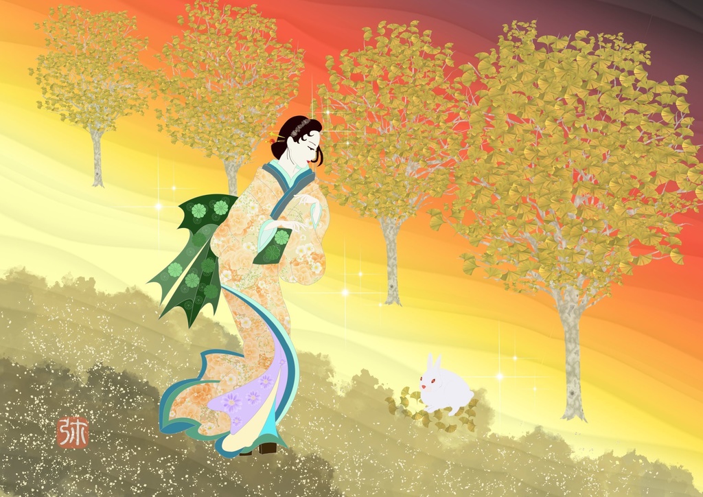 夕焼けイチョウ美人画