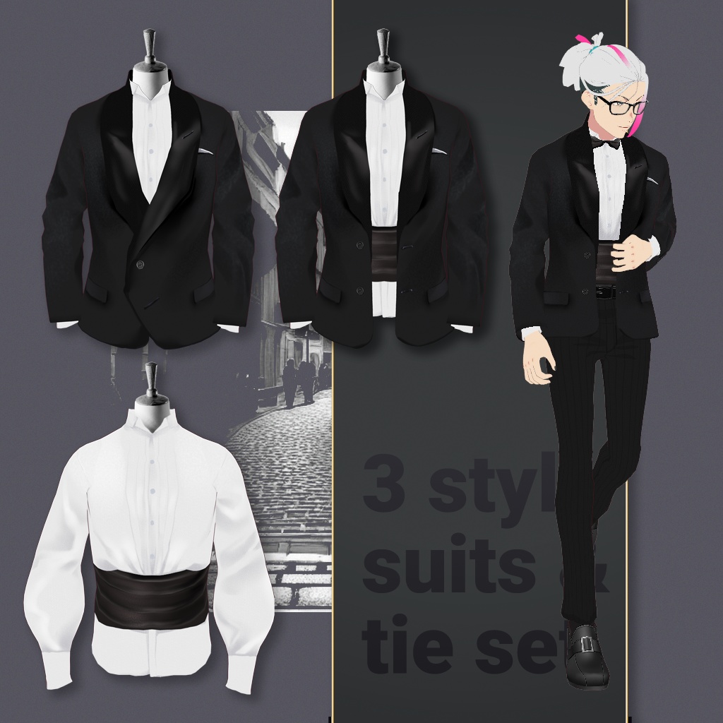 【無料版あり/VRoid正式版】タキシード風スーツ 3パターン+おまけネクタイ/ Dinner jacket 3 style + 2 tie.