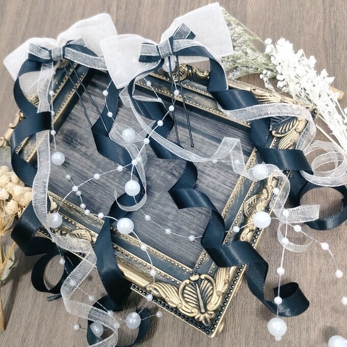 【色指定可能!】ヘアメ用パール付きカールロングリボン 各色×白 ライブ・推し活に 量産型