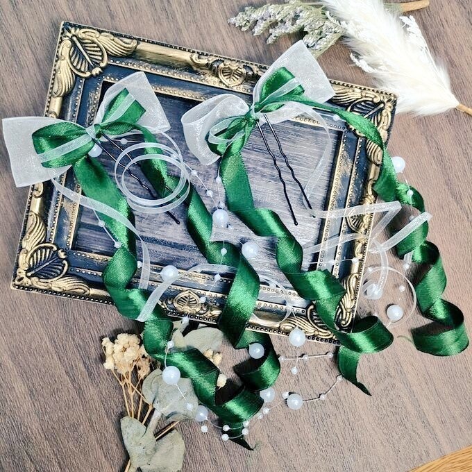 【色指定可能!】ヘアメ用パール付きカールロングリボン 各色×白 ライブ・推し活に 量産型