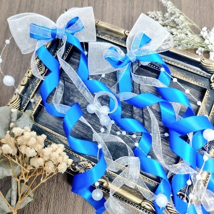 【色指定可能!】ヘアメ用パール付きカールロングリボン 各色×白 ライブ・推し活に 量産型