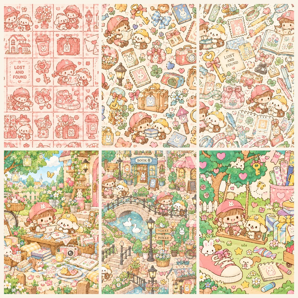 忘れもの回収隊｜レトロ絵本デジタルペーパー 6枚セット