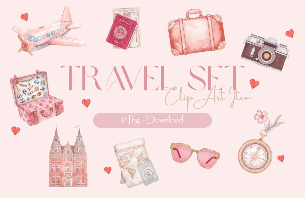 Clip Art【Travel Set】-1- 水彩画　クリップアート　ピンク　旅行シリーズ