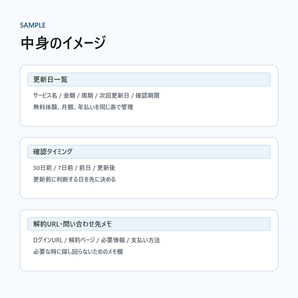 サブスク更新日リマインダー表|無料体験・年払い管理テンプレ
