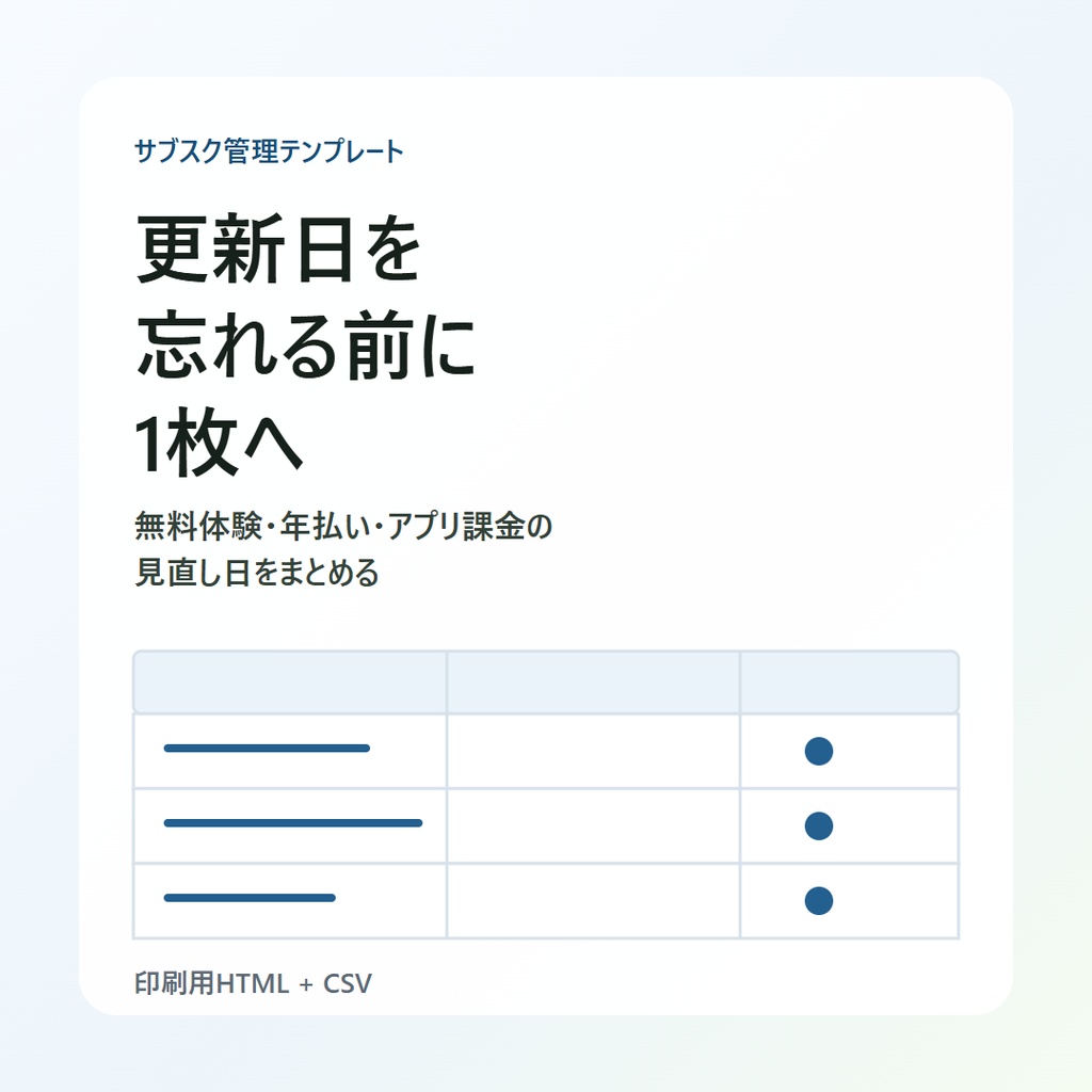 サブスク更新日リマインダー表|無料体験・年払い管理テンプレ