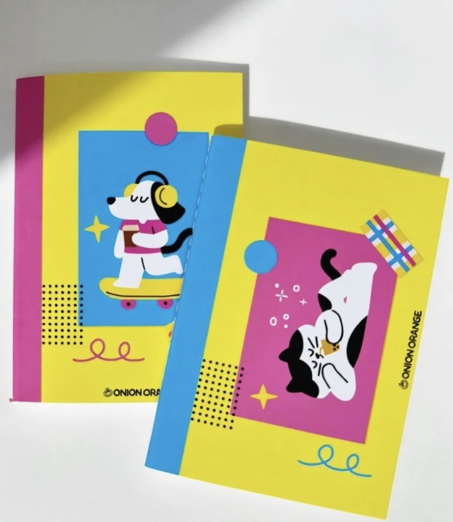 A6 手帳｜オリジナルイラスト｜猫 × 犬｜多巴胺カラー｜32ページ（Onion Orange）