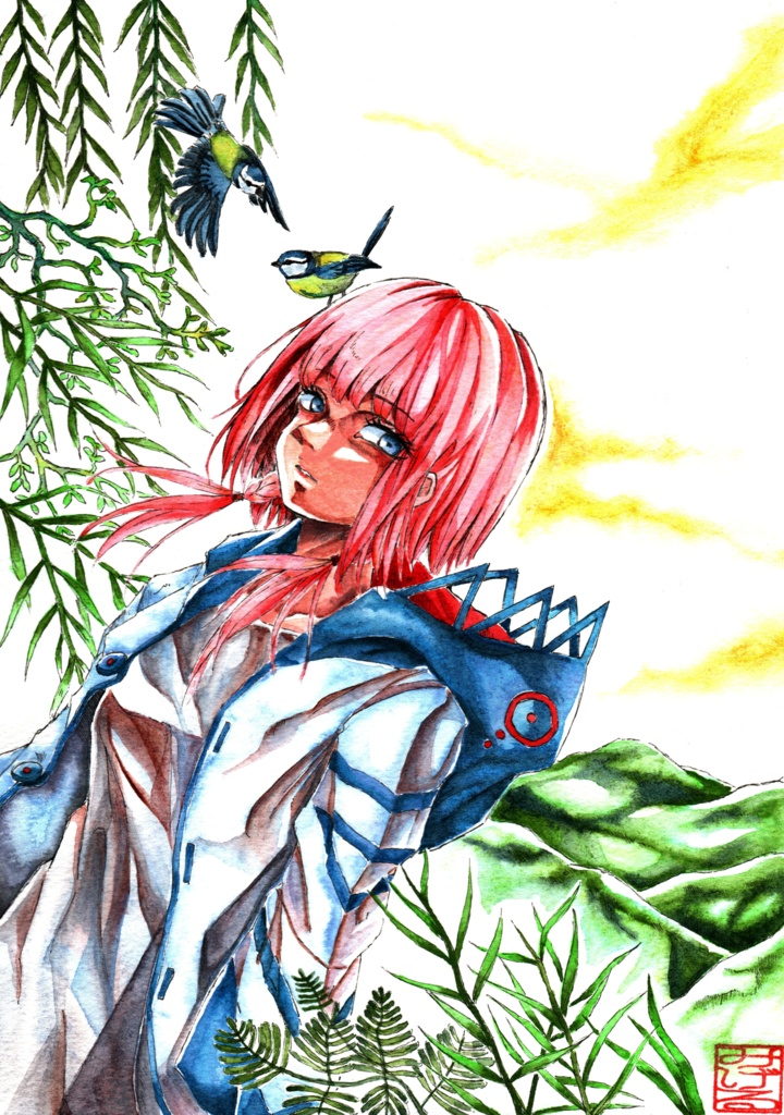 原画　イラスト集「桜花絢爛の君ゑ」（タイトル：緑の間（額付き））