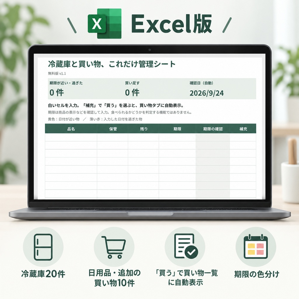 【無料】冷蔵庫と買い物、これだけ管理シート|Excel・A4 PDF