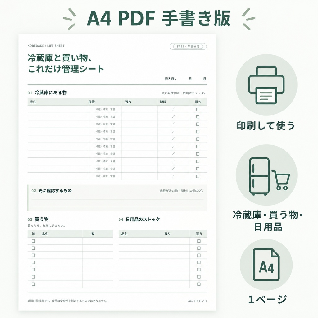 【無料】冷蔵庫と買い物、これだけ管理シート|Excel・A4 PDF