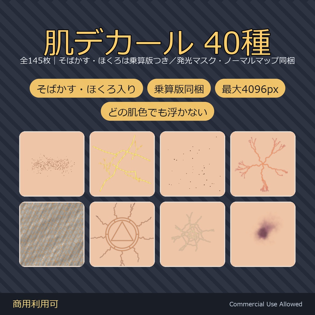 【発光マスク同梱・最大4096px】肌デカール40種|そばかす・ほくろ・ヒビ割れ・痣/乗算版同梱でどの肌色でも浮かない 全145枚/VRChat・全身に貼れる