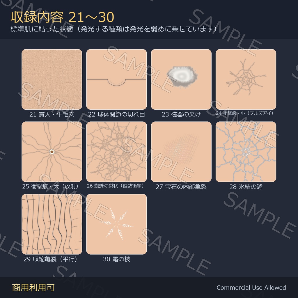 【発光マスク同梱・最大4096px】肌デカール40種|そばかす・ほくろ・ヒビ割れ・痣/乗算版同梱でどの肌色でも浮かない 全145枚/VRChat・全身に貼れる
