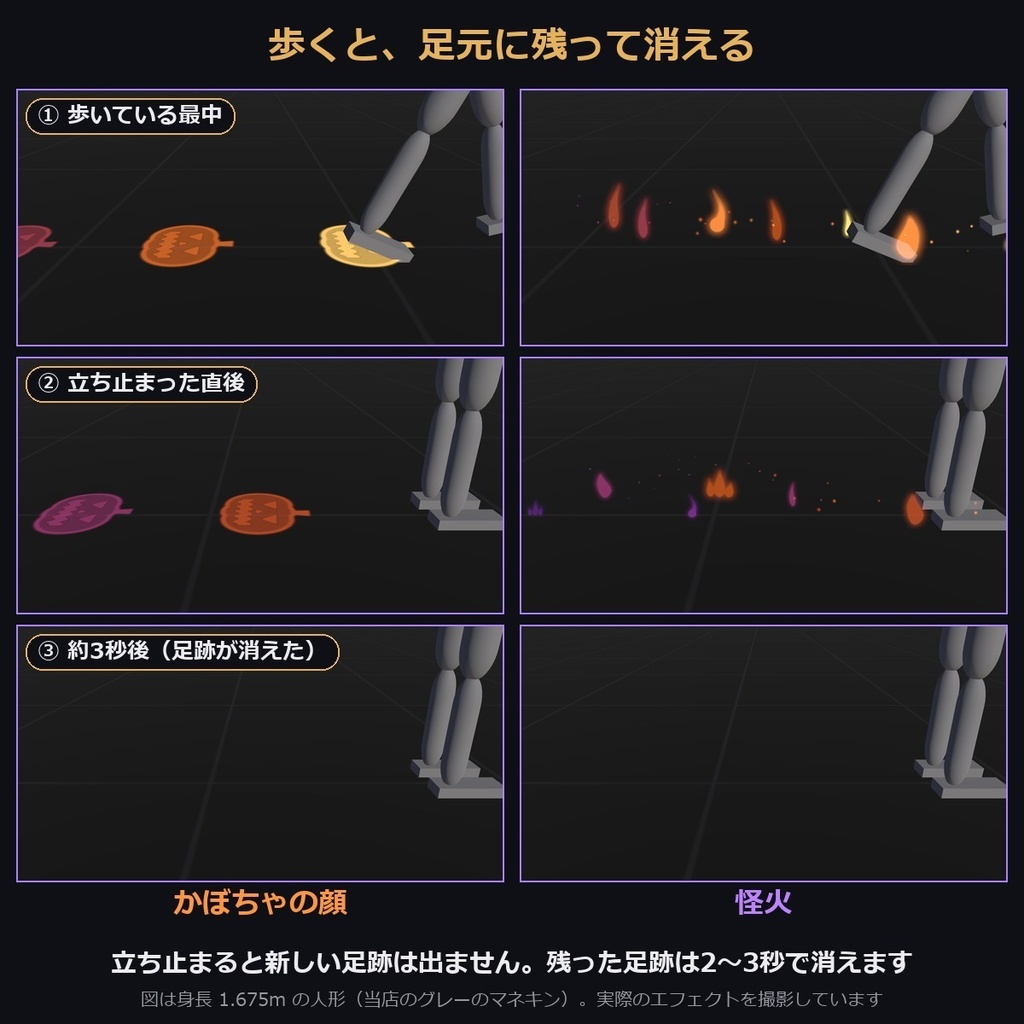 【VRChat/MA対応】歩くと足元に残って消える ハロウィンの足跡|かぼちゃ・怪火・セット