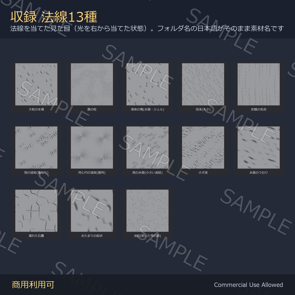 【商用利用可】水のノーマルマップ13種&MatCap12種|水滴・波紋・泡・水面・濡れた石畳/PC2048+Quest1024・継ぎ目なし