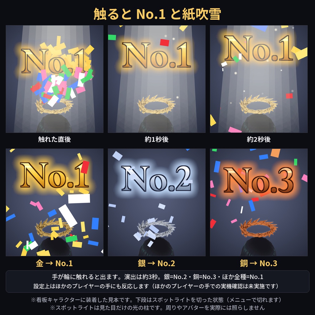 【VRChat】ヘイロー〈月桂冠〉触ると No.1 と紙吹雪|揺れる・触れる|全11種(金属7+本物の葉の質感4)|メニューで色替え|Modular Avatar対応