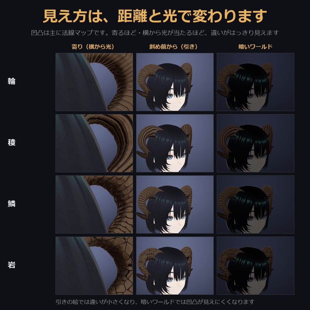【凹凸4種×溝が光る色も選べる角】巻き角【VRChat・MA対応】
