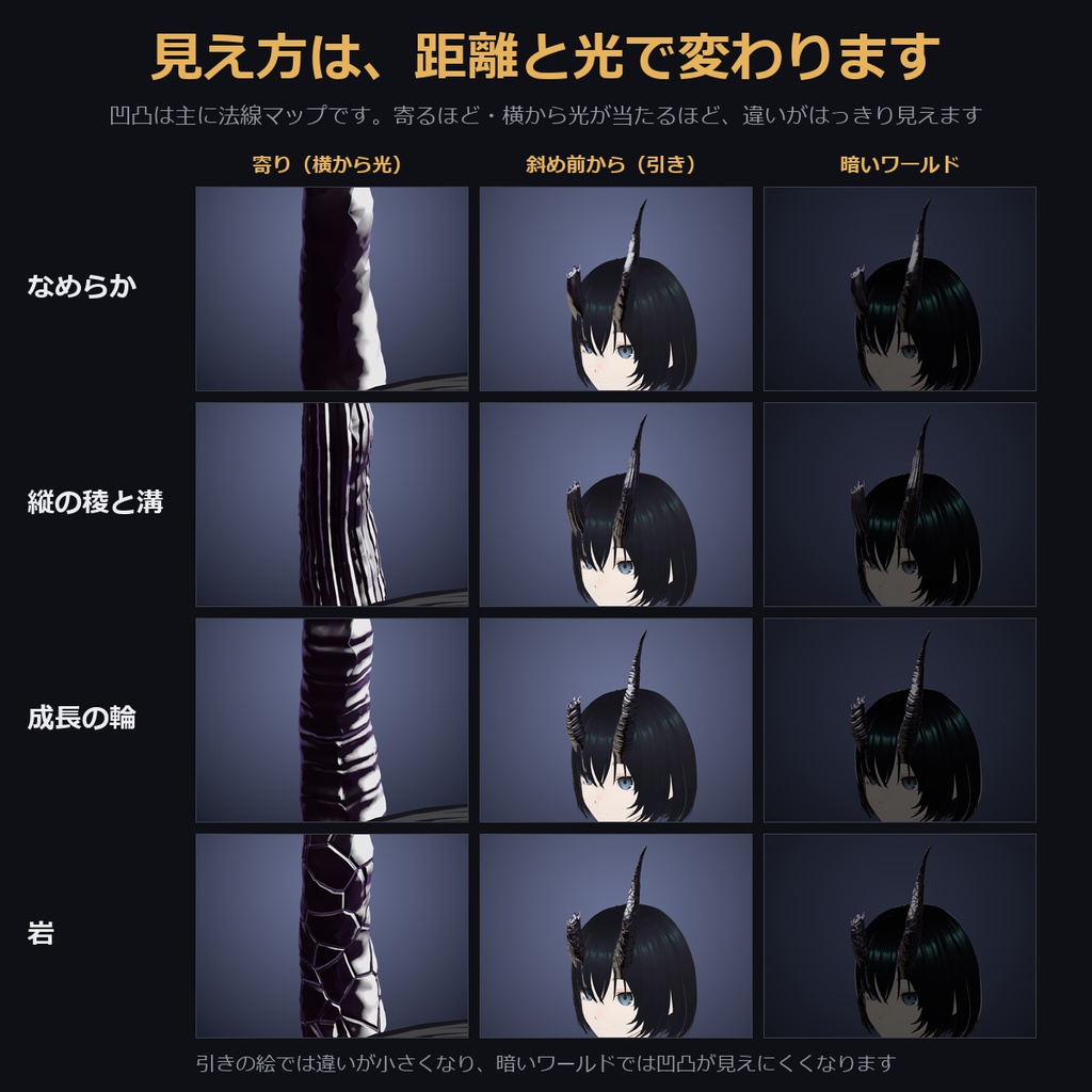 【凹凸4種×折れ口が光る色も選べる角】非対称の角【VRChat・MA対応】