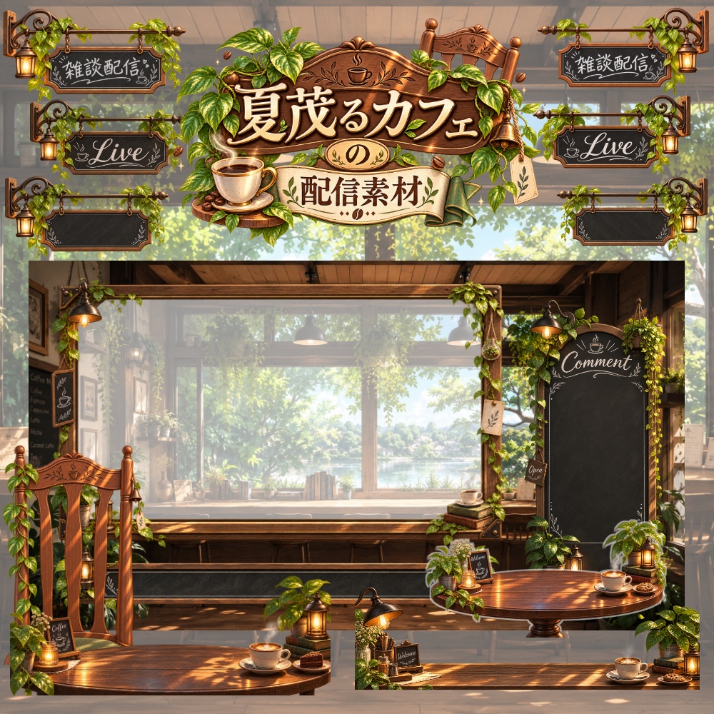 【お試し版有】夏茂るカフェの配信画面【雑談配信向け】