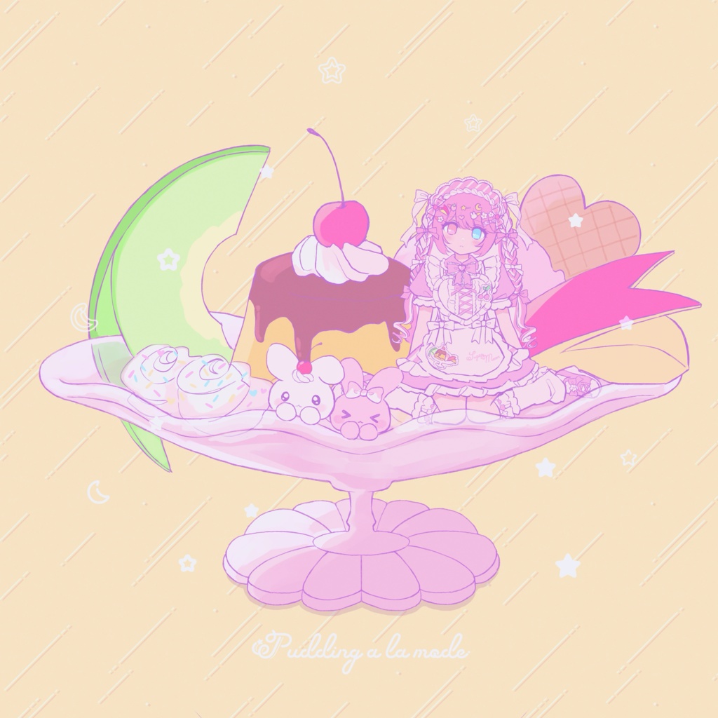 商用OK 手描きプリンアラモード