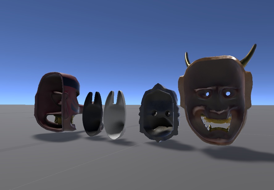 〖VRChat〗お面セット5種類 (白狐・黒狐・般若・天狗・烏天狗)