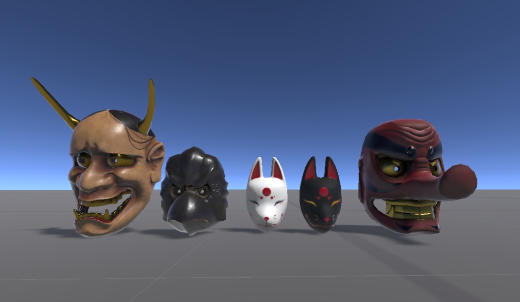 〖VRChat〗お面セット5種類 (白狐・黒狐・般若・天狗・烏天狗)