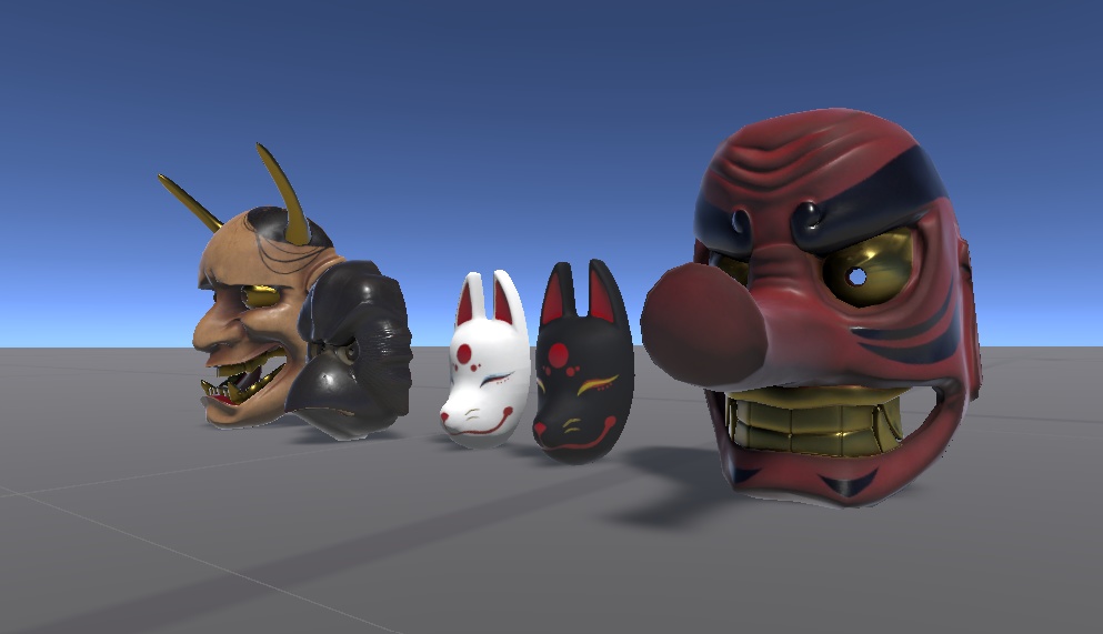 〖VRChat〗お面セット5種類 (白狐・黒狐・般若・天狗・烏天狗)