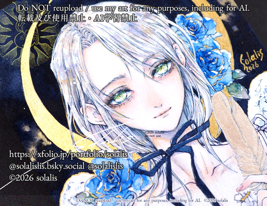 フレームレス原画「三日月と羽」ハガキサイズ