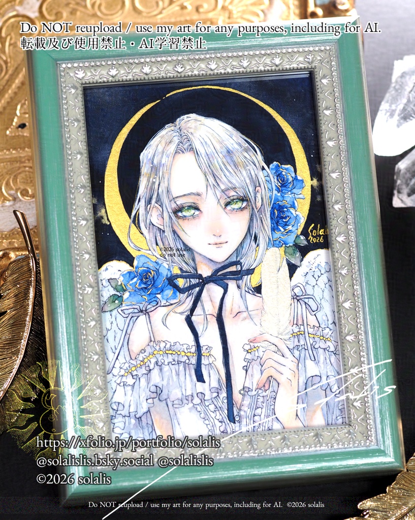 フレームレス原画「三日月と羽」ハガキサイズ