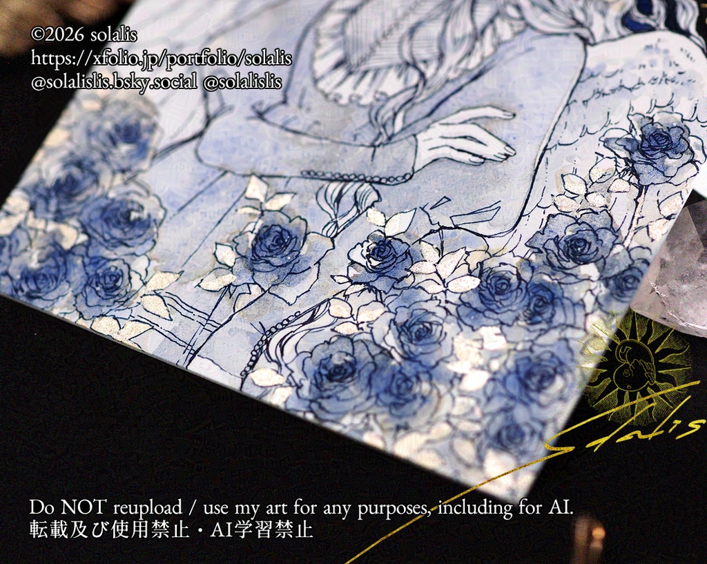 フレームレス原画「ヘイズブルーの薔薇たち」ハガキサイズ