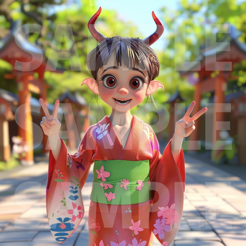 【デジタル妖怪シリーズ】鬼と一緒に門前町探索【フリー素材】