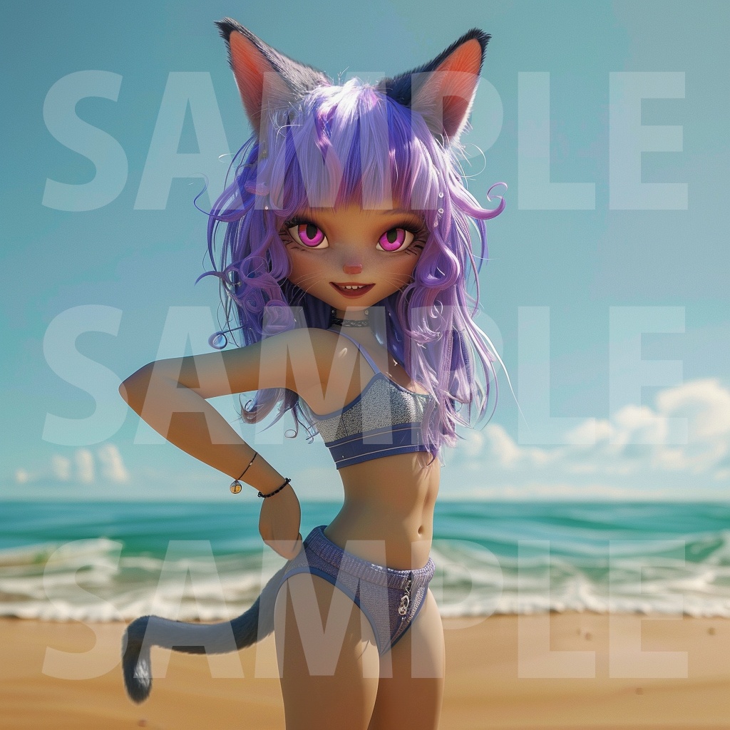 【デジタル妖怪シリーズ】ネコ娘と過ごす夏のビーチ【フリー素材】