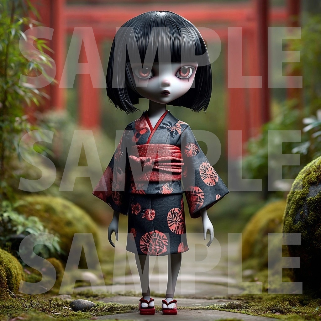 【デジタル妖怪シリーズ】静寂の庭に佇む・市松人形【フリー素材】