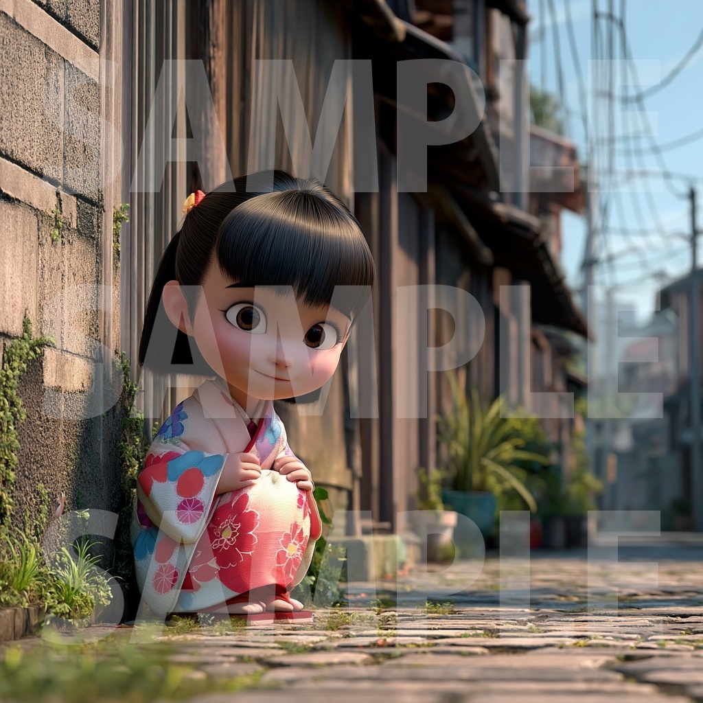 【デジタル妖怪シリーズ】路地の片隅で微笑む座敷わらし【フリー素材】