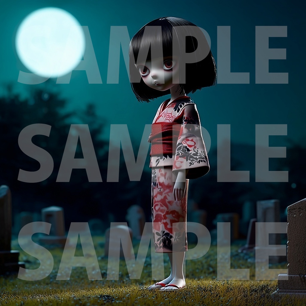 【デジタル妖怪シリーズ】墓場に佇む市松人形【フリー素材】