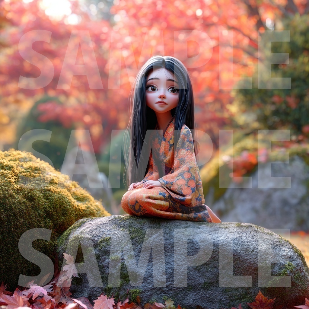 【デジタル妖怪シリーズ】お岩さんと紅葉の風に包まれて【フリー素材】