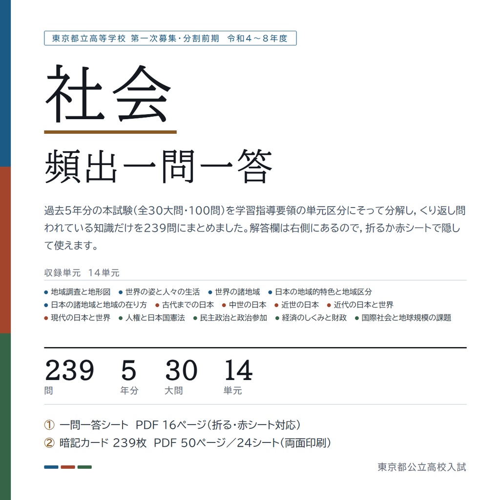 【5教科フルセット】都立高校入試対策 一問一答&暗記カード(国・数・英・理・社/2022-2026年 過去問分析)