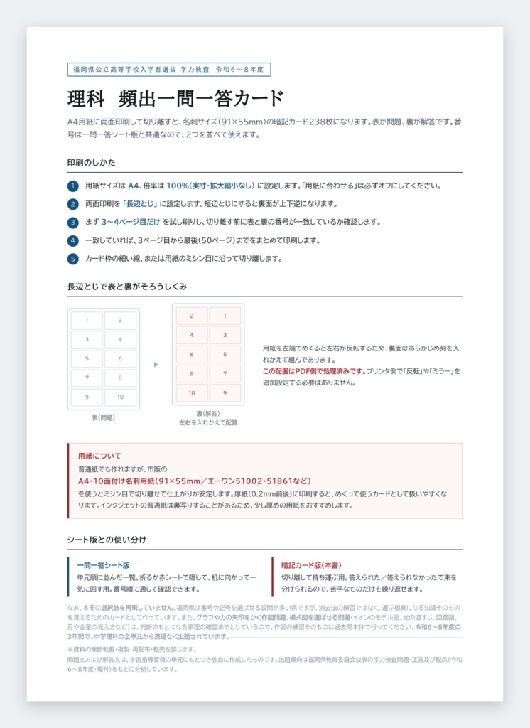 【5教科フルセット】福岡県公立高校入試対策 一問一答&暗記カード(国・数・英・理・社/2024-2026年 過去問分析)