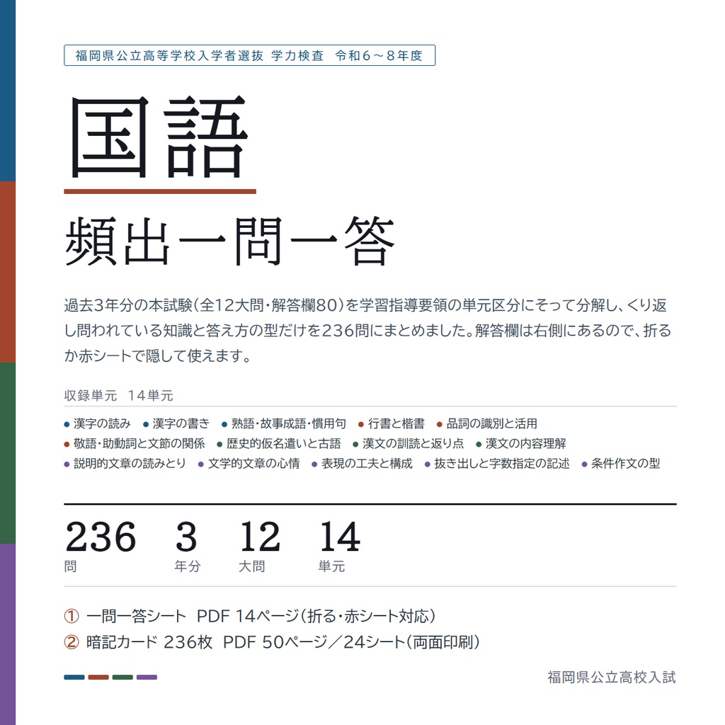 【5教科フルセット】福岡県公立高校入試対策 一問一答&暗記カード(国・数・英・理・社/2024-2026年 過去問分析)