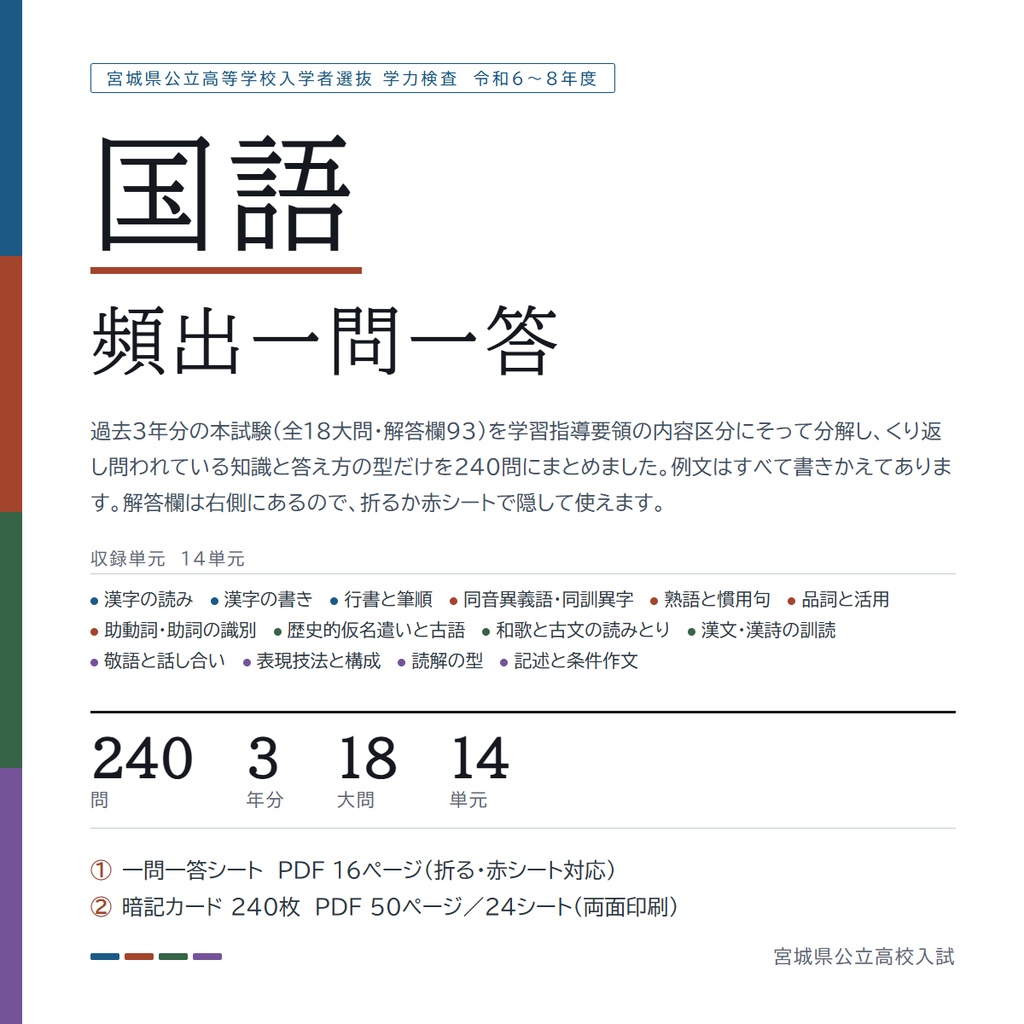 【5教科フルセット】宮城県公立高校入試対策 一問一答&暗記カード(国・数・英・理・社/2024-2026年 過去問分析)