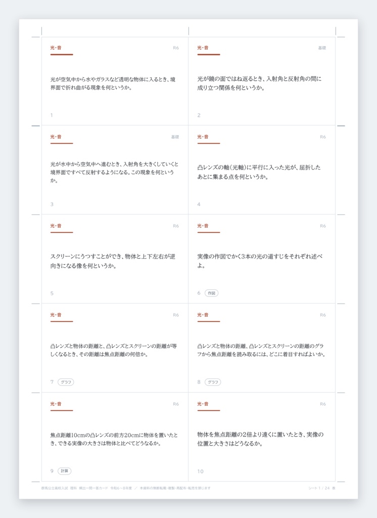 【5教科フルセット】群馬県公立高校入試対策 一問一答&暗記カード(国・数・英・理・社/2024-2026年 過去問分析)