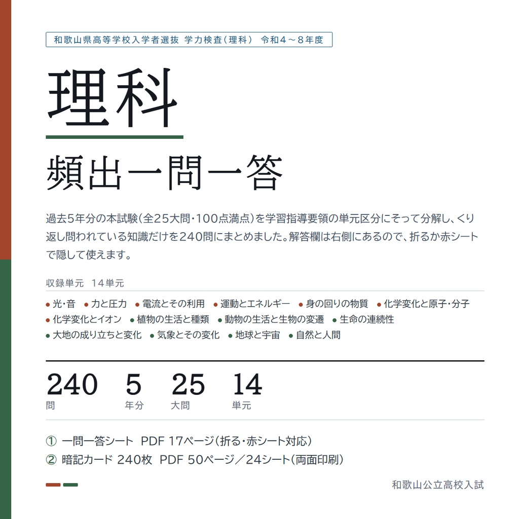 【9月限定価格】【5教科フルセット】和歌山県公立高校入試対策 一問一答＆暗記カード（国・数・英・理・社／2022-2026年 過去問分析）