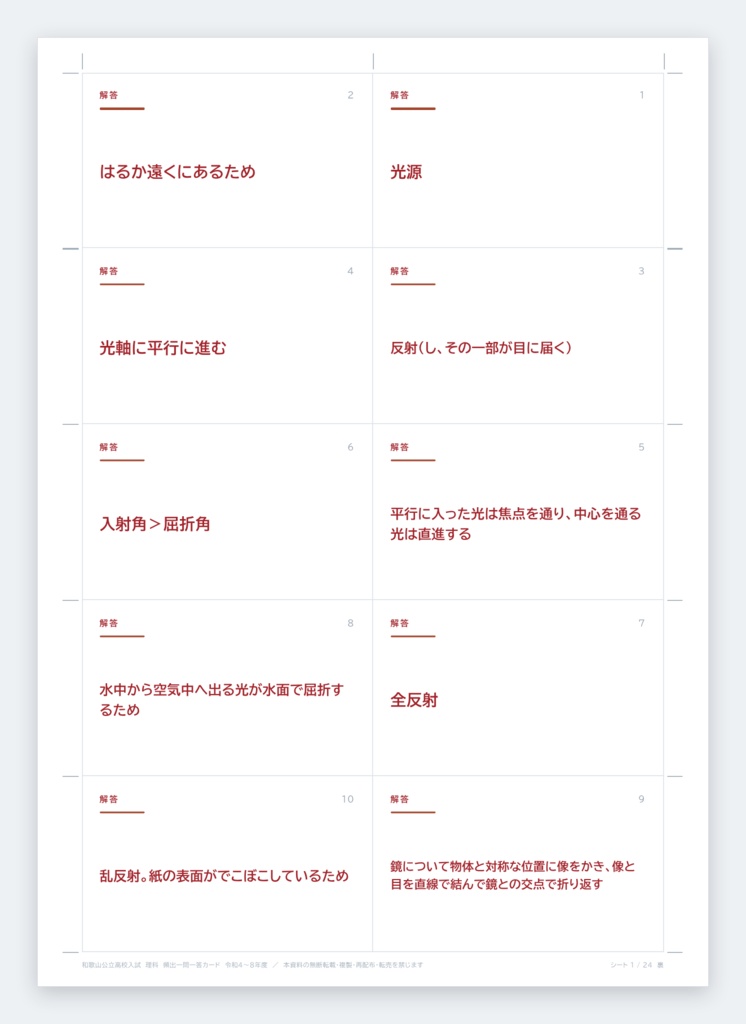 【9月限定価格】【塾・教室利用ライセンス】和歌山県公立高校入試対策 一問一答&暗記カード 5教科フルセット(印刷・配布無制限/2022-2026年 過去問分析)