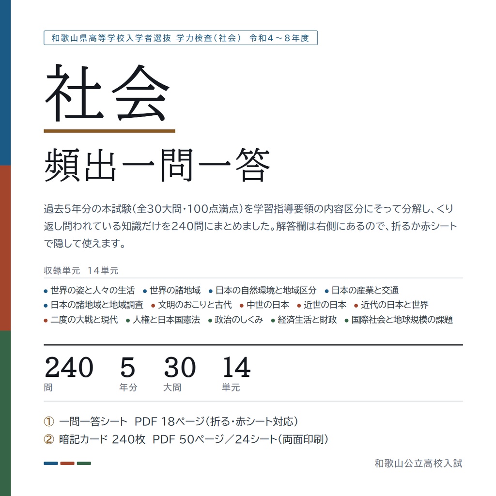 【9月限定価格】【塾・教室利用ライセンス】和歌山県公立高校入試対策 一問一答&暗記カード 5教科フルセット(印刷・配布無制限/2022-2026年 過去問分析)