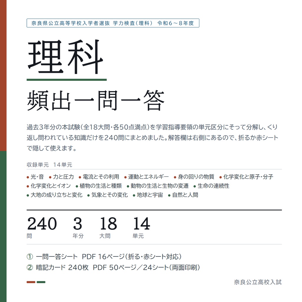 【9月限定価格】【5教科フルセット】奈良県公立高校入試対策 一問一答＆暗記カード（国・数・英・理・社／2024-2026年 過去問分析）