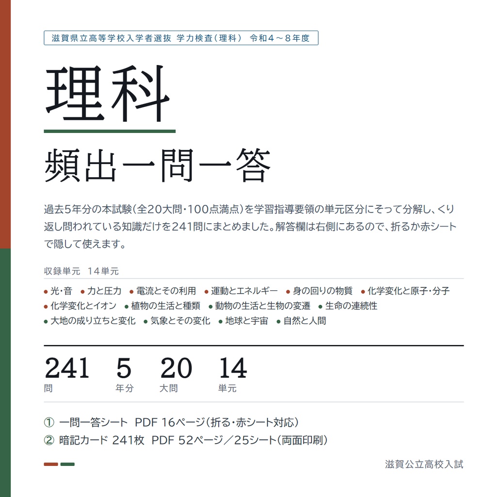 【9月限定価格】【5教科フルセット】滋賀県公立高校入試対策 一問一答＆暗記カード（国・数・英・理・社／2022-2026年 過去問分析）