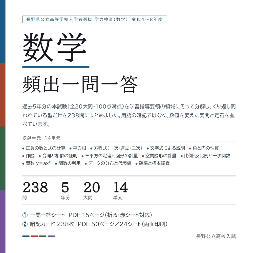 【9月限定価格】【塾・教室利用ライセンス】長野県公立高校入試対策 一問一答&暗記カード 5教科フルセット(印刷・配布無制限/2022-2026年 過去問分析)