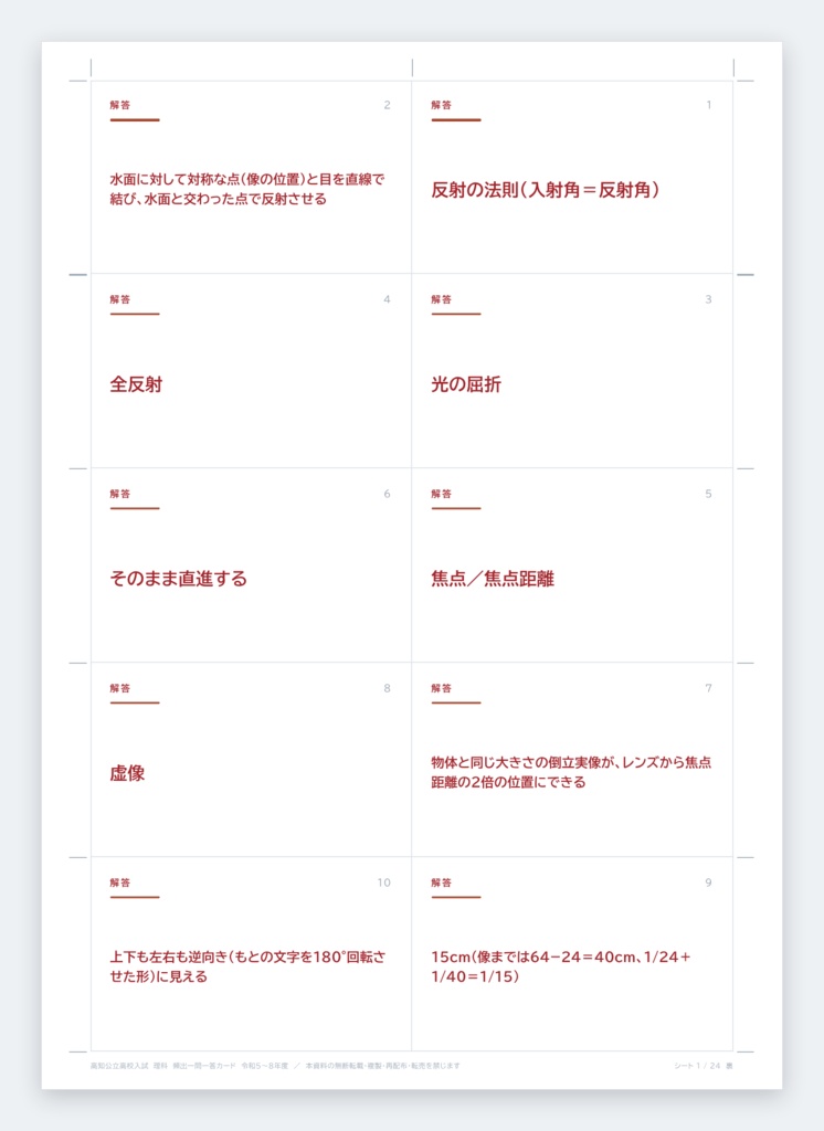 【9月限定価格】【塾・教室利用ライセンス】高知県公立高校入試対策 一問一答&暗記カード 5教科フルセット(印刷・配布無制限/2023-2026年 過去問分析)