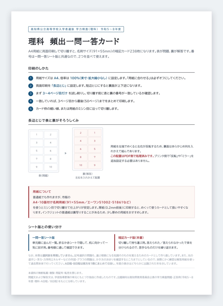 【9月限定価格】【塾・教室利用ライセンス】高知県公立高校入試対策 一問一答&暗記カード 5教科フルセット(印刷・配布無制限/2023-2026年 過去問分析)